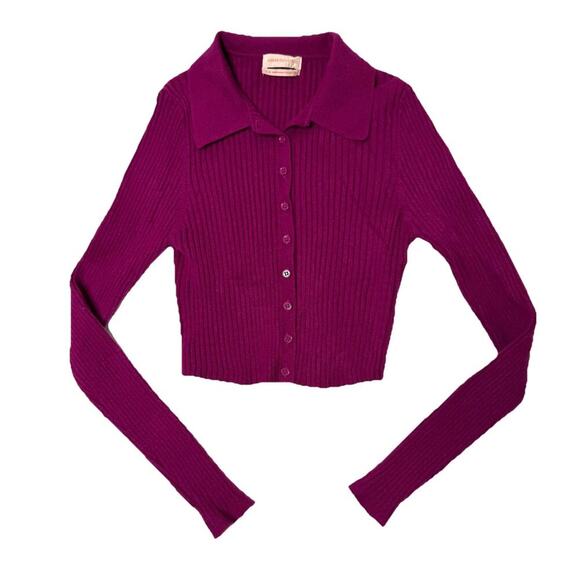 URBAN OUTFITTERS Magenta Pink Ribbed Knit Collared Crop Button up Top Size L - Picture 1 of 11